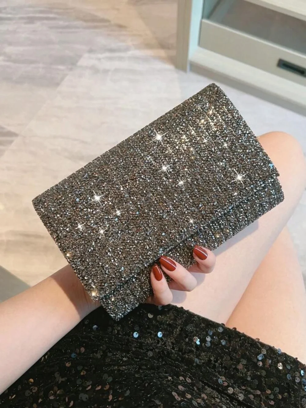 Black and Silver Rhinestone Prom Wedding Clutch Bag